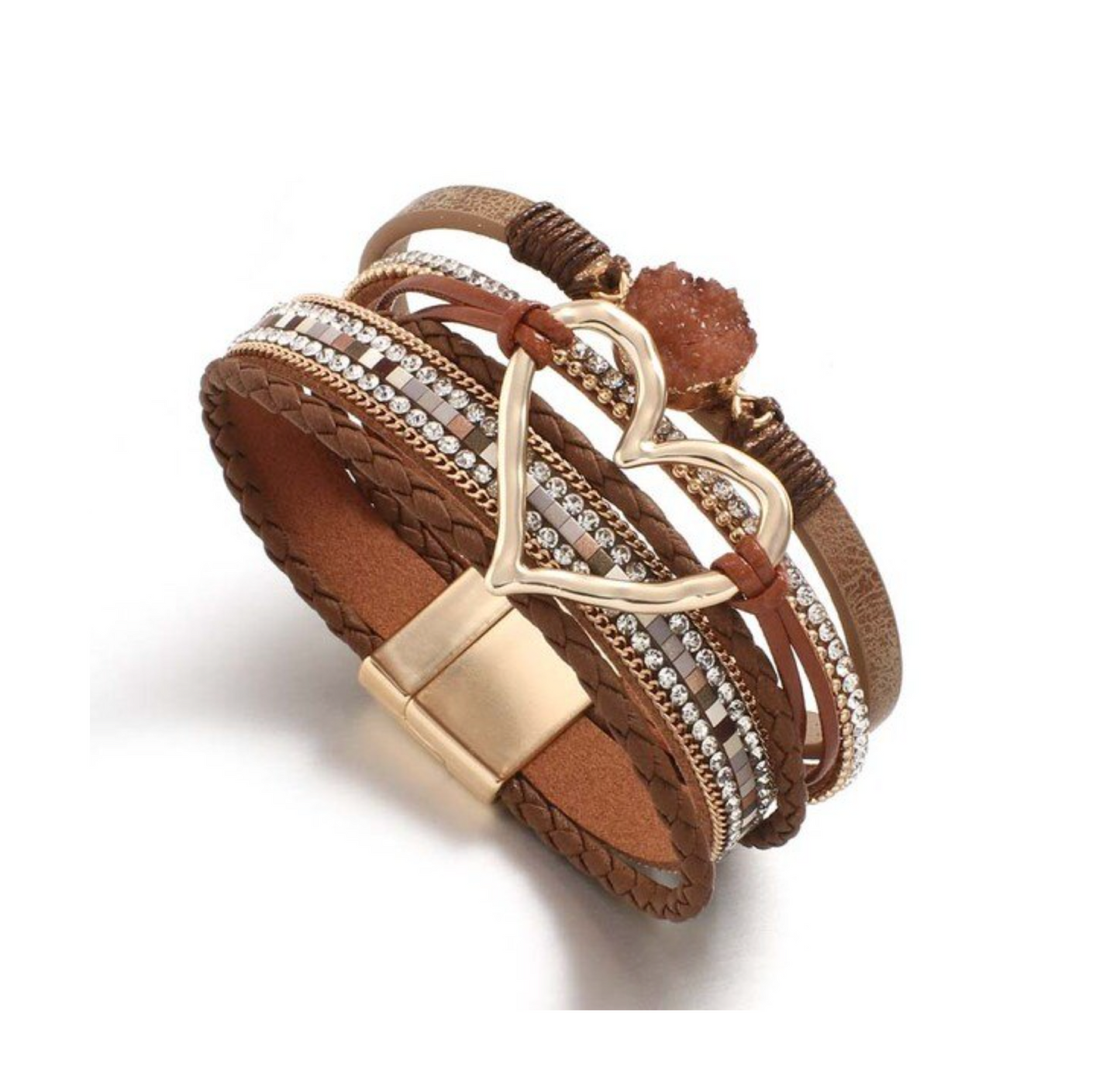 Brown Faux Leather Heart Multi-strand Bracelet
