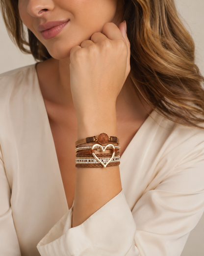 Brown Faux Leather Heart Multi-strand Bracelet