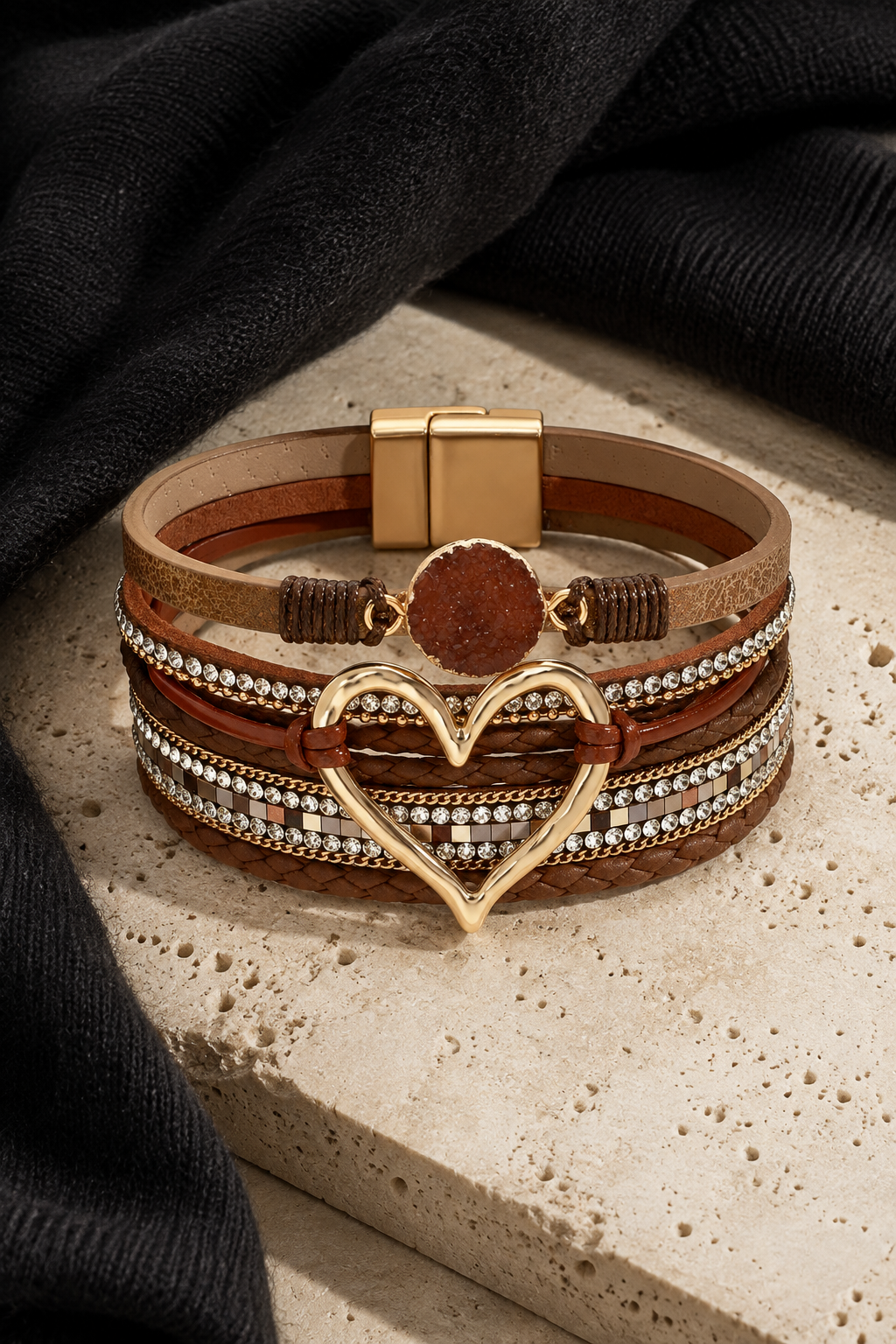 Brown Faux Leather Heart Multi-strand Bracelet