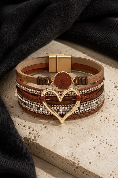 Brown Faux Leather Heart Multi-strand Bracelet