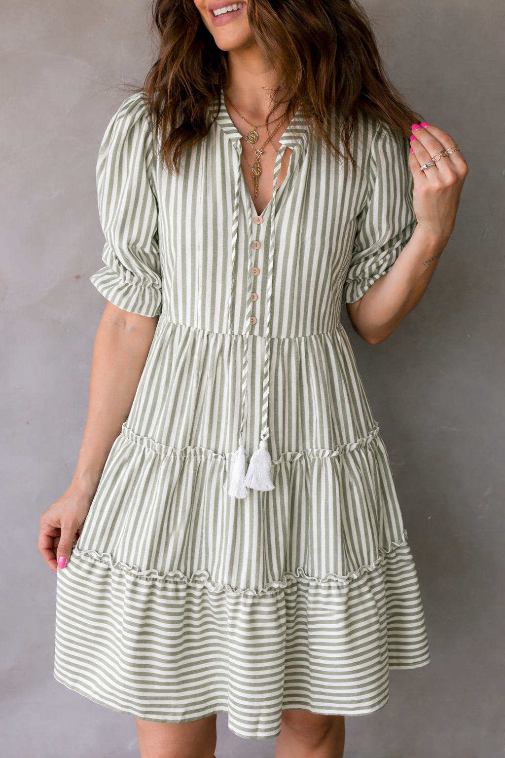 Threaded Pear Bailey Sleeve Tiered Flattering Dress
