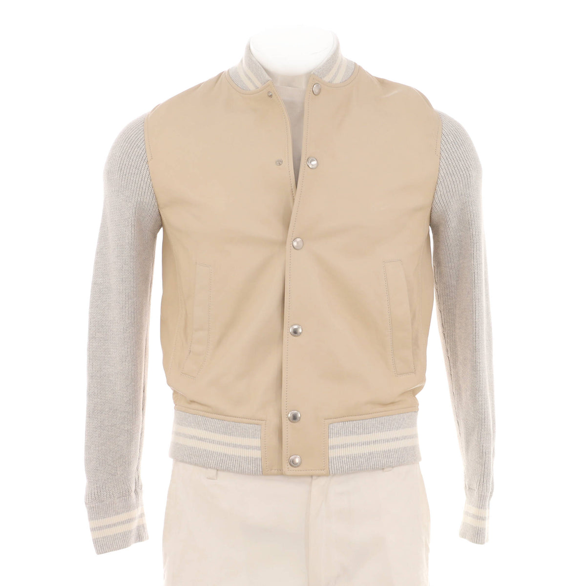 Men's Button Up Collarless Jacket Leather and Cotton