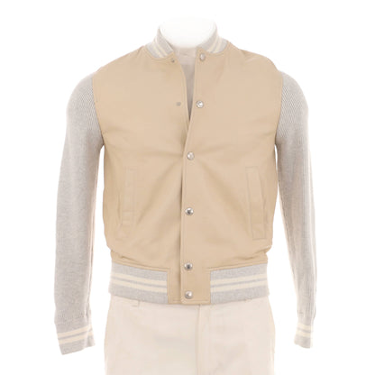 Men's Button Up Collarless Jacket Leather and Cotton