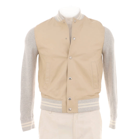 Men's Button Up Collarless Jacket Leather and Cotton