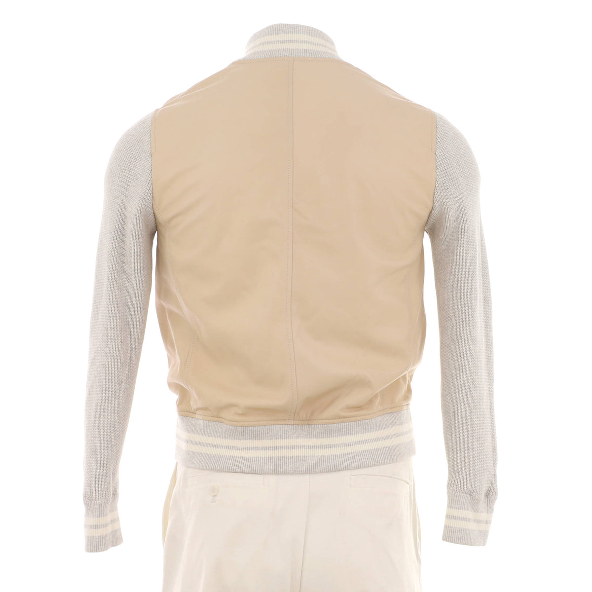 Men's Button Up Collarless Jacket Leather and Cotton