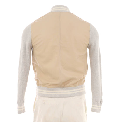 Men's Button Up Collarless Jacket Leather and Cotton