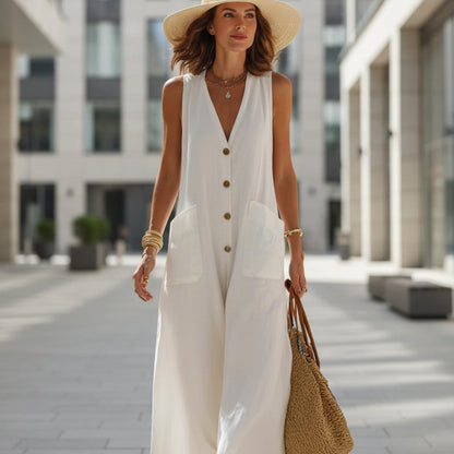 Women's Sleeveless Cotton-Linen Wide-Leg Jumpsuit – Button Pockets