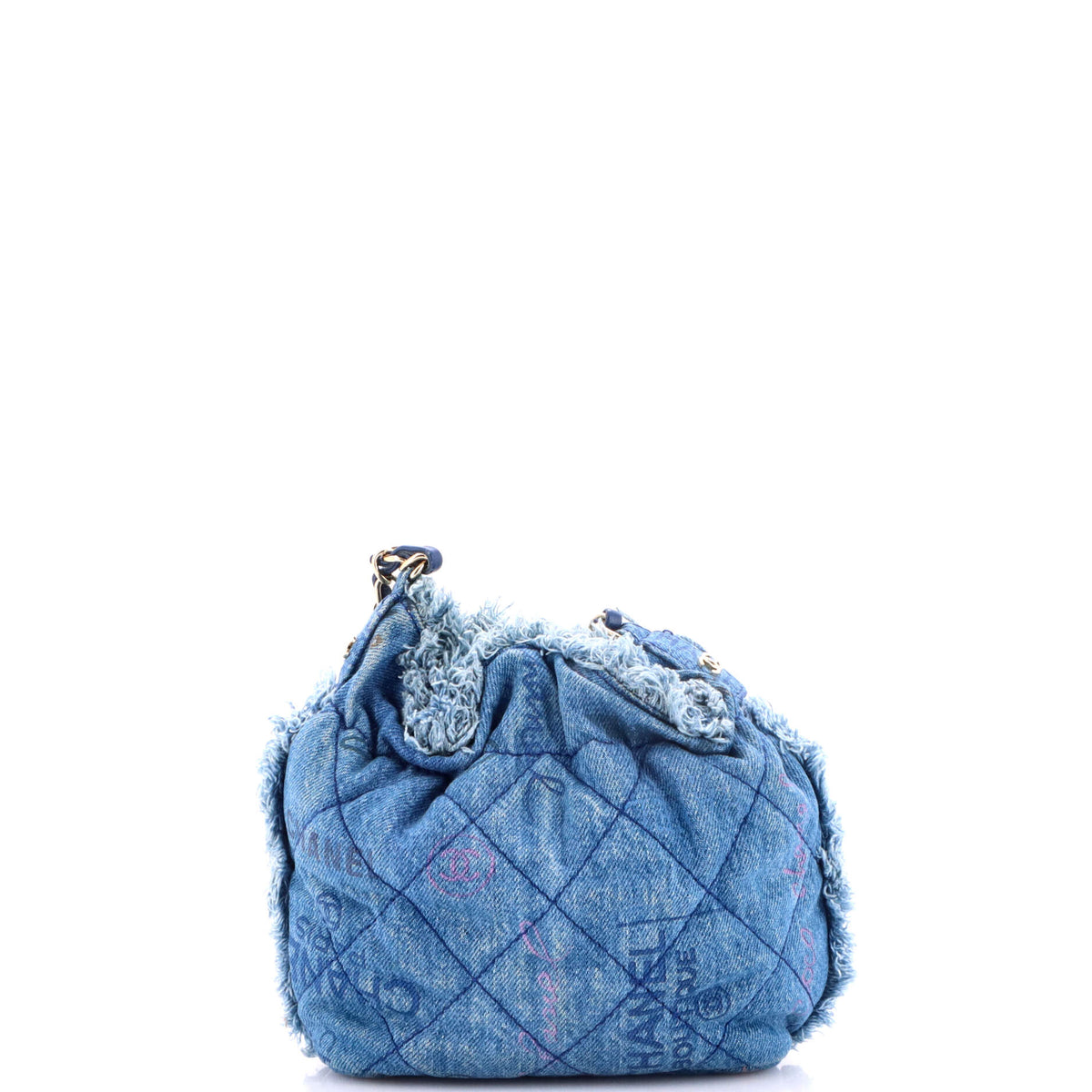 Denim Mood Chain Bucket Bag Logo Printed Quilted Fringe Denim Medium