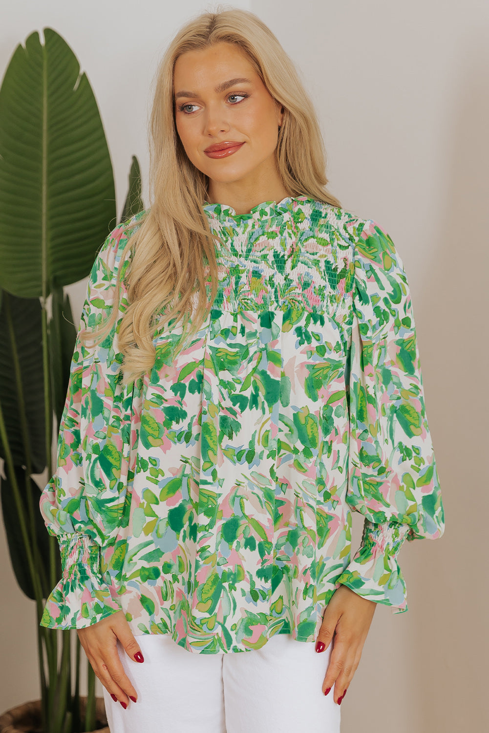 Threaded Pear Milena Sleeve Shirred Mock Blouse