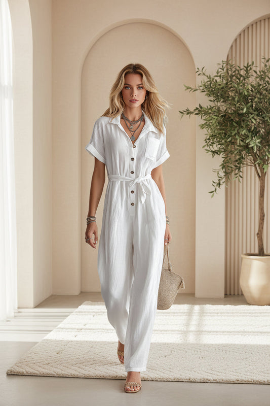 Women's Loose V-Neck Lace-Up Pocket Jumpsuit