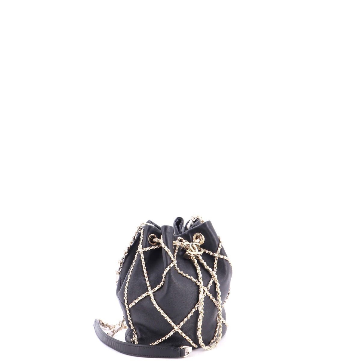 Entwined Chain Drawstring Bucket Bag Quilted Lambskin Mini
