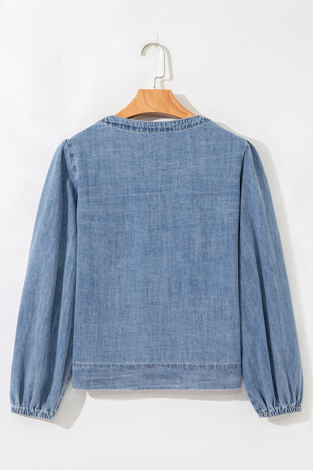 Threaded Pear Oakley Tied Front Long Puff Sleeve Denim Top