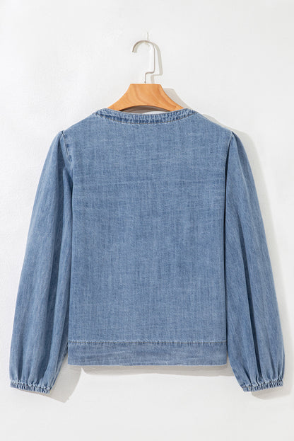 Threaded Pear Oakley Tied Front Long Puff Sleeve Denim Top