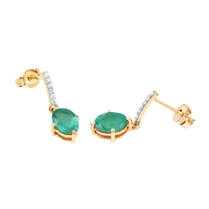 1.44 Ct Oval Green Zambian Emerald Diamond Prong 10K Gold Dangle Earrings