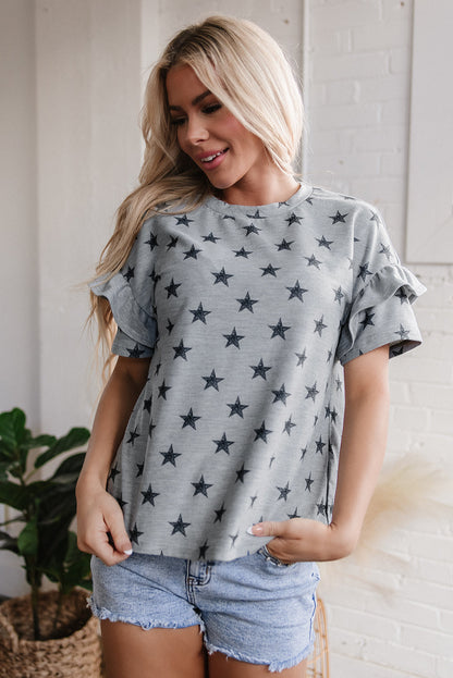 Threaded Pear Joelle Star Ruffled Sleeve Crew Neck Top