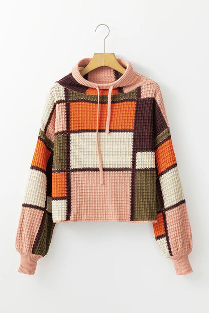Threaded Pear Zoey Waffle Knit Drawstring Mock Neck Sweater