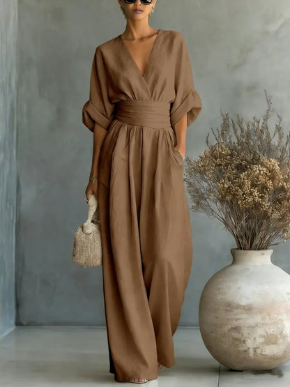 Women's V-Neck Wide-Leg Jumpsuit – High Waist Pleated Elegant