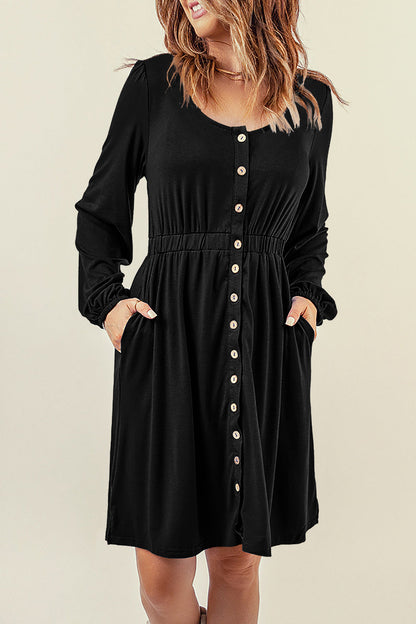 Julianna Button Up High Waist Long Sleeve Dress - Threaded Pear
