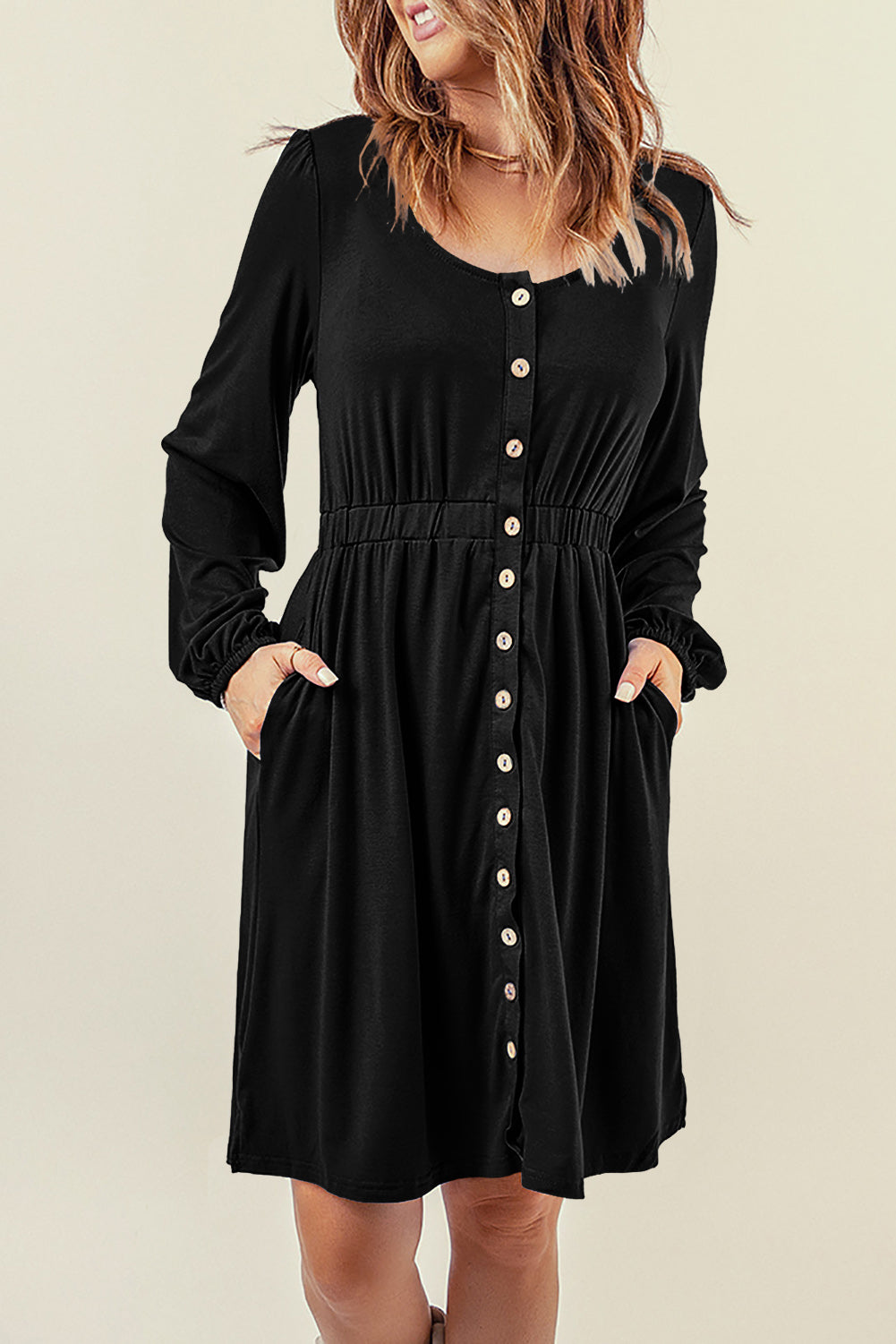 Threaded Pear Julianna Button Up High Waist Long Sleeve Dress