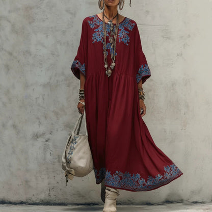 Women's Printed Batwing Sleeve Midi Dress – Loose Fit Linen Blend White / 5XL
