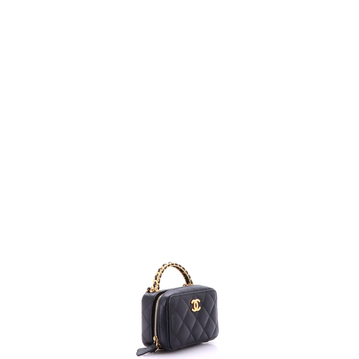 CC Chain Handle Zip Around Vanity Case with Chain Quilted Lambskin Mini