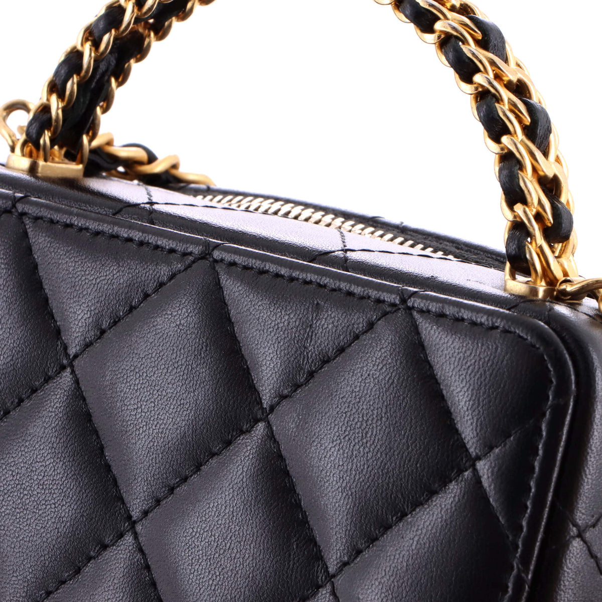 CC Chain Handle Zip Around Vanity Case with Chain Quilted Lambskin Mini