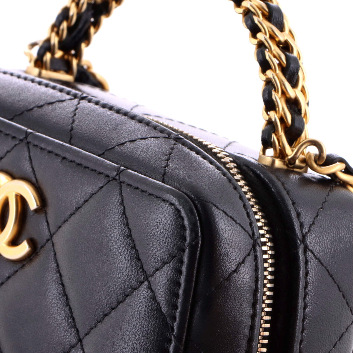 CC Chain Handle Zip Around Vanity Case with Chain Quilted Lambskin Mini