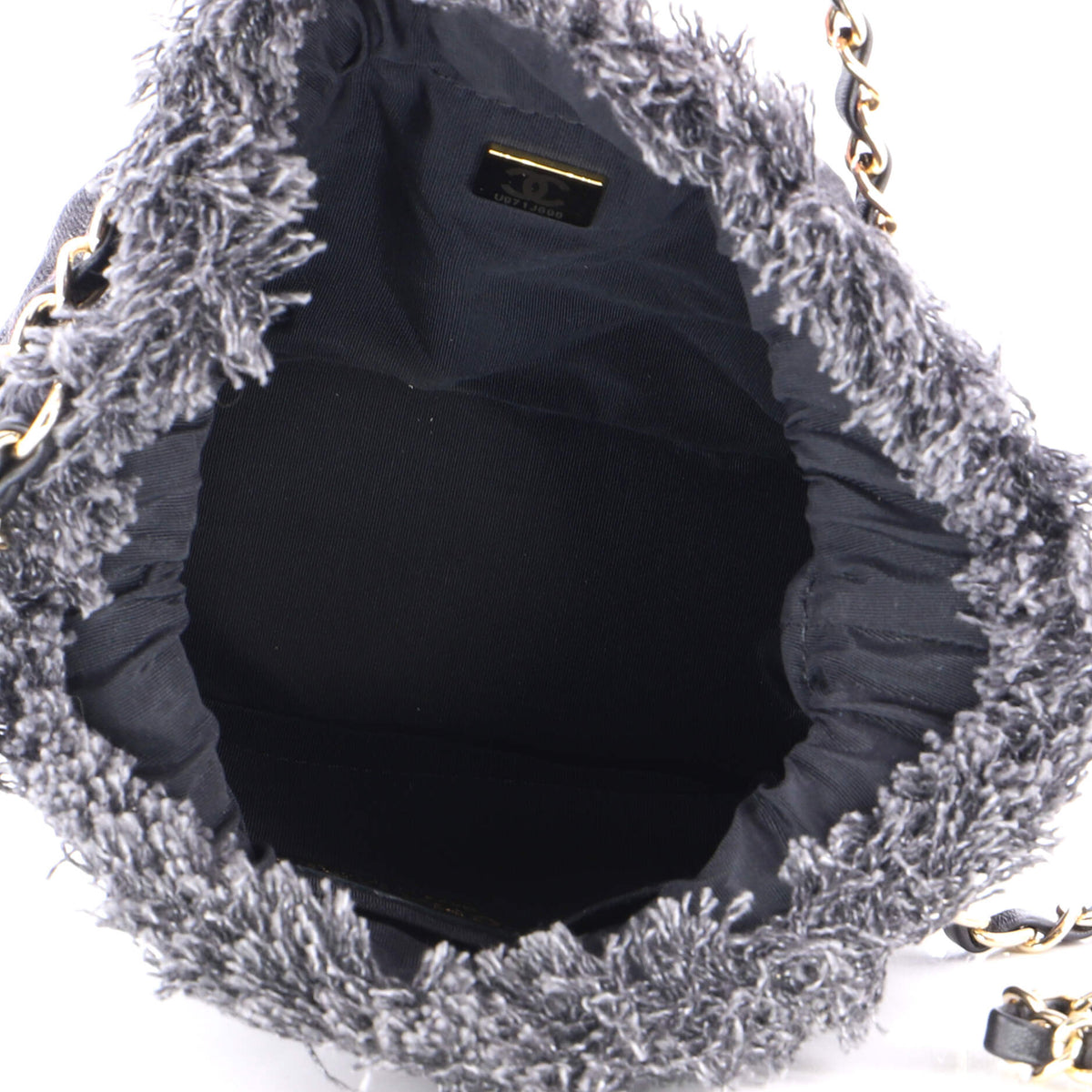 Denim Mood Chain Bucket Bag Logo Printed Quilted Fringe Denim Medium