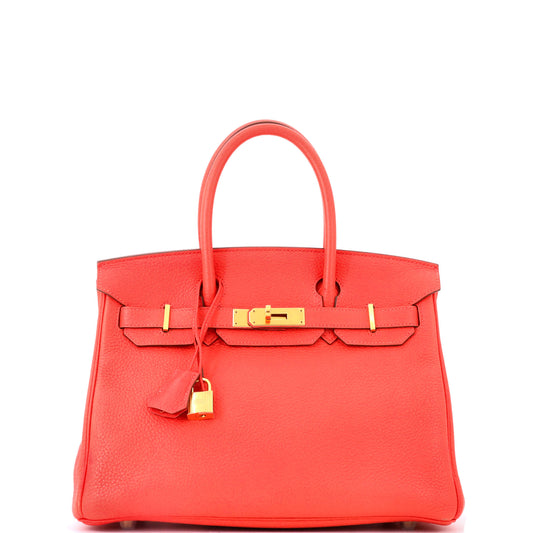 Birkin Handbag Rouge Pivoine Clemence with Gold Hardware 30