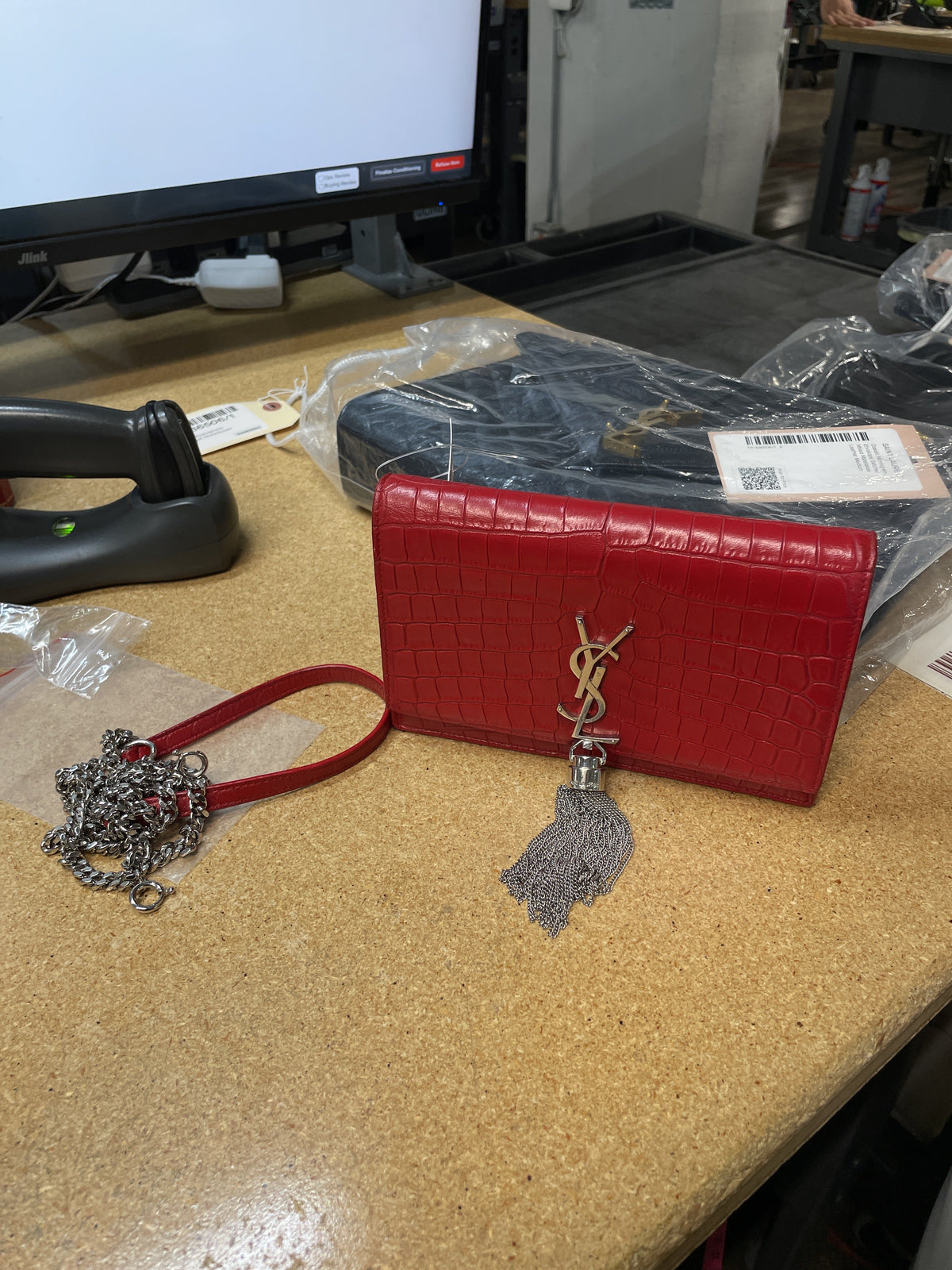 Classic Monogram Tassel Chain Wallet Crocodile Embossed Leather
