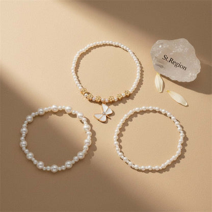 Pearl & Enamel Goldtone Flower Beads Butterfly Charm Stretch Anklet Set