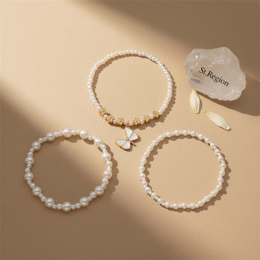 Pearl & Enamel Goldtone Flower Beads Butterfly Charm Stretch Anklet Set