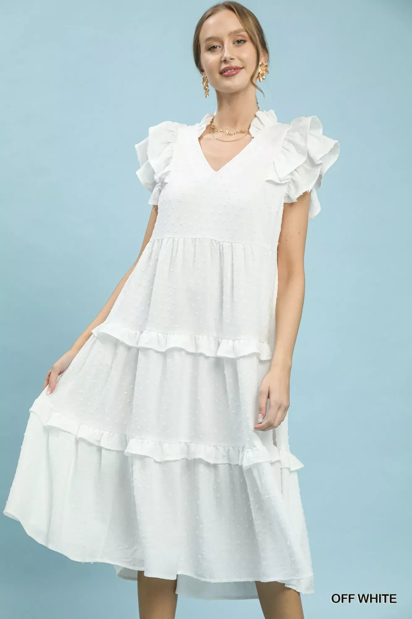Umgee Textured Ruffle Sleeve Tiered Midi Dress in OFF White OFF White / L