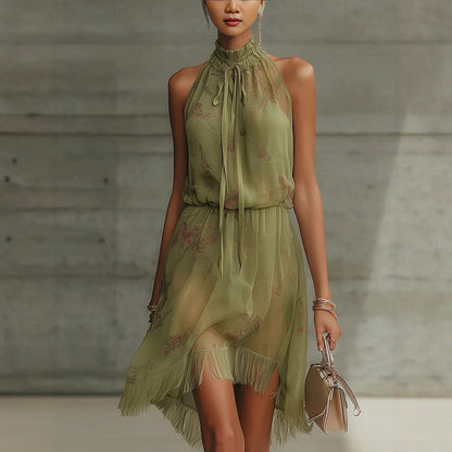 V-Neck Waist Trimming Ruffles Elegant Dress