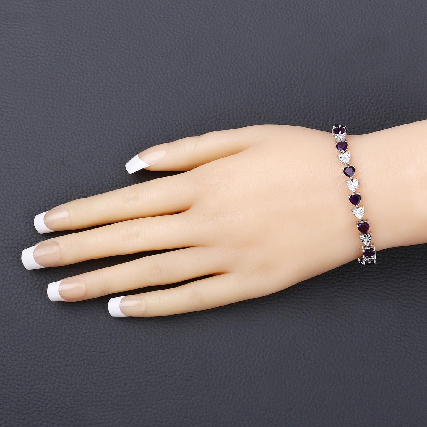 Heart Purple Amethyst & Diamond Prong Silver Tennis Bracelet