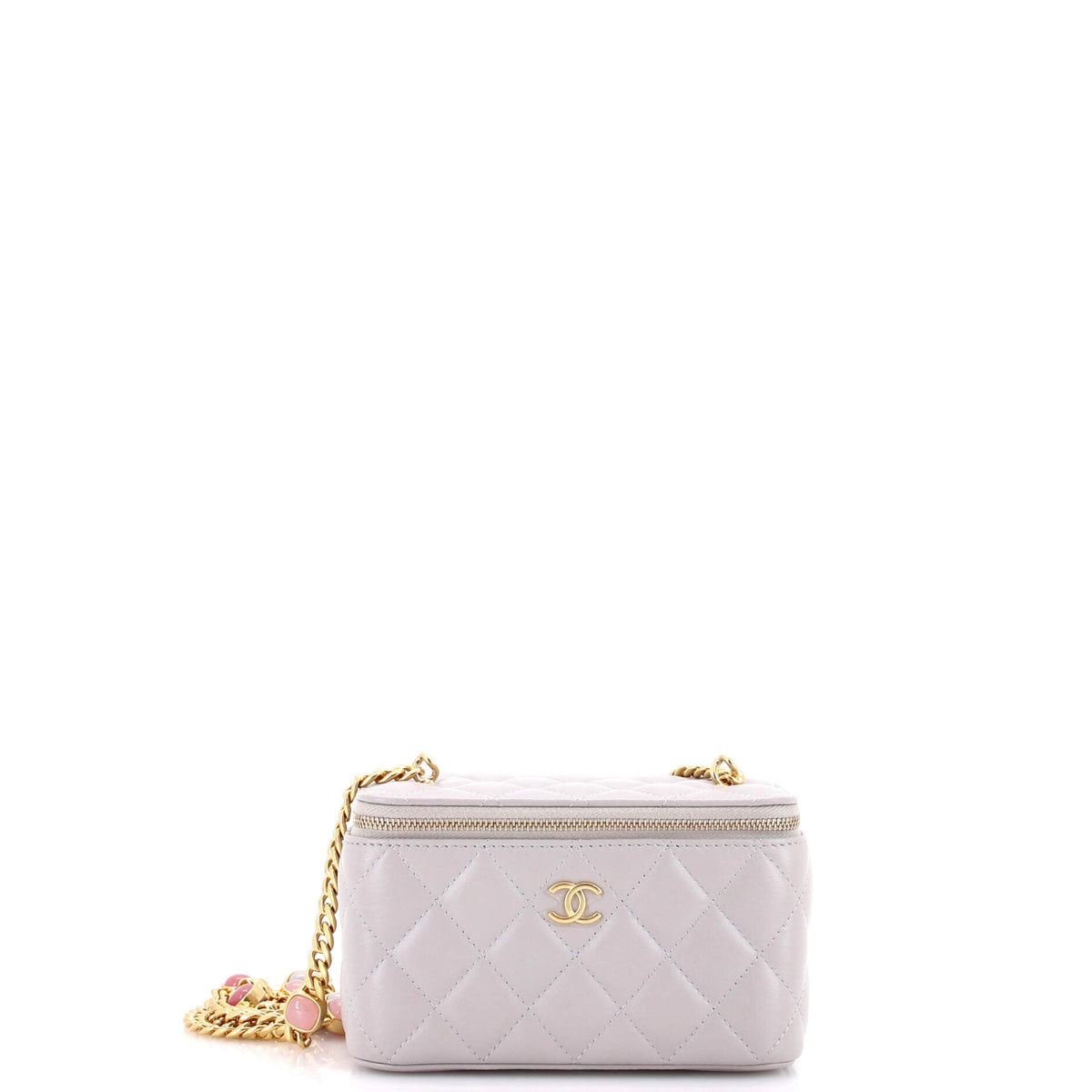 Classic Vanity Case with Resin Pearl Chain Quilted Lambskin Small