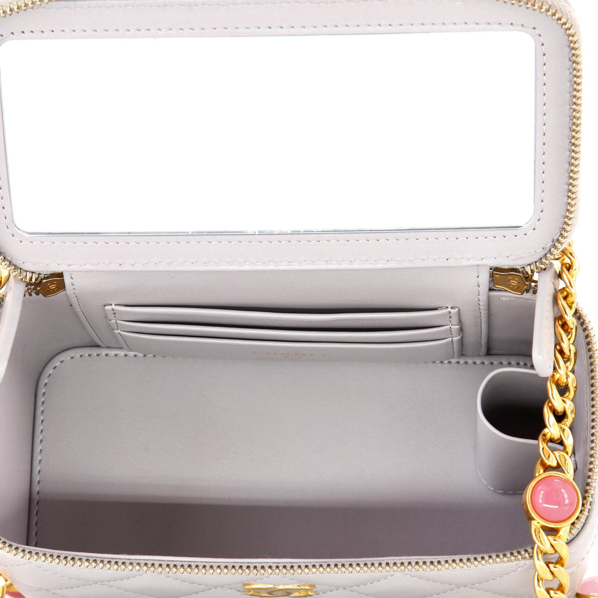 Classic Vanity Case with Resin Pearl Chain Quilted Lambskin Small