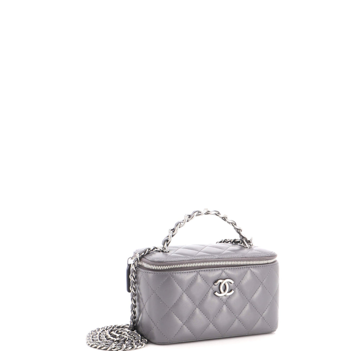 Top Handle Vanity Case with Chain Quilted Lambskin with Crystals Small