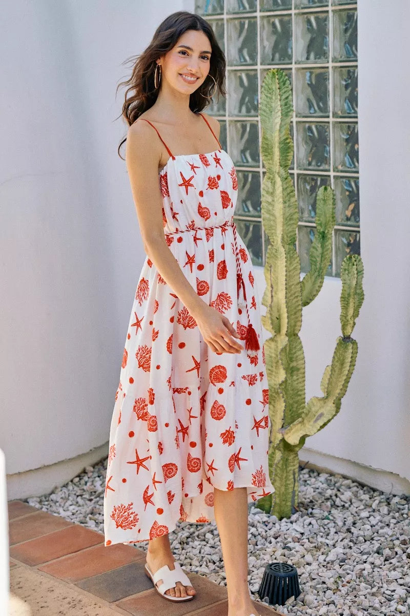 SO ME Shell Print Tiered Lined Midi Cami Dress With Belt Red / XL