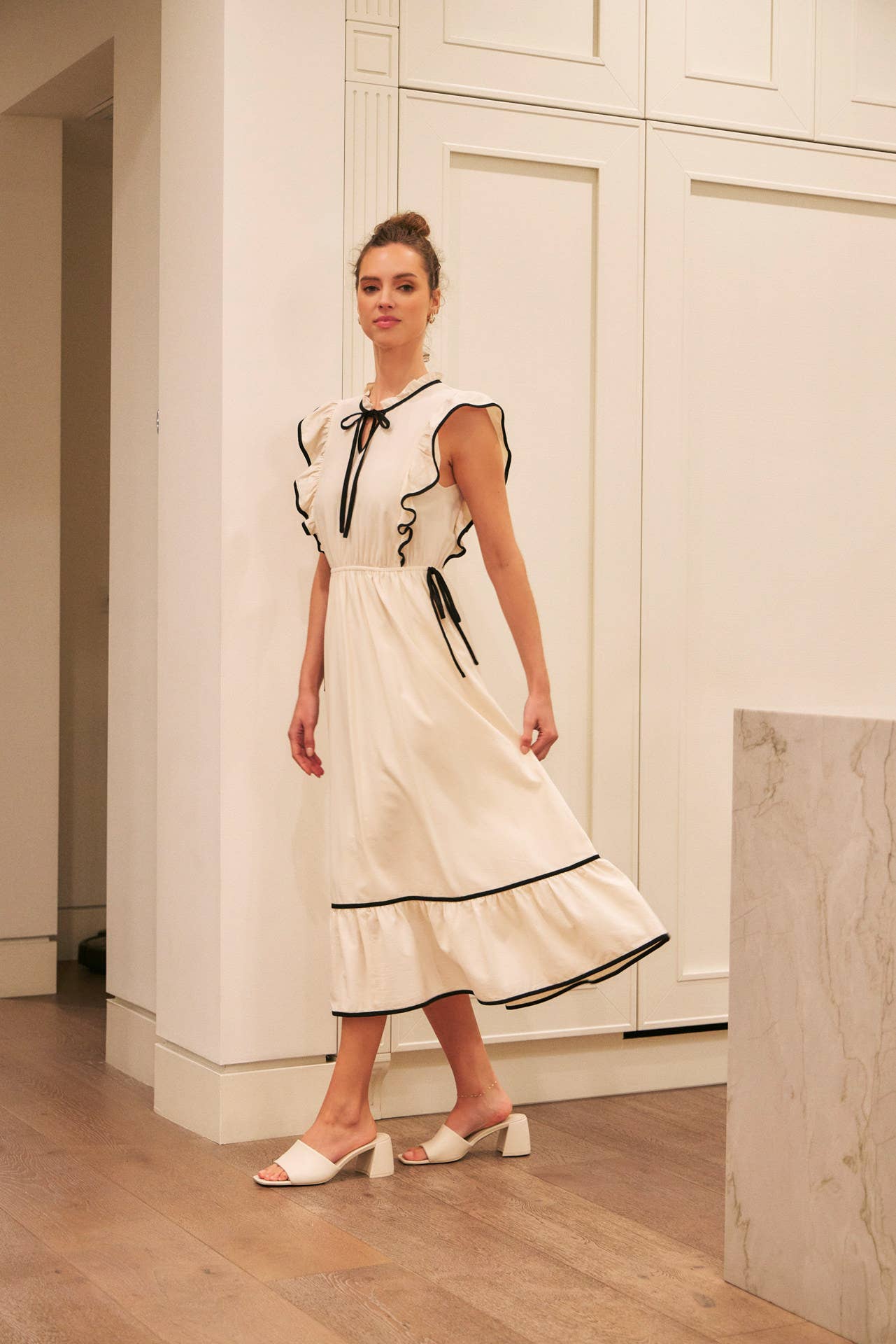 Annie- Cotton Gauze Midi Dress With Ruffles and Contrast Binding