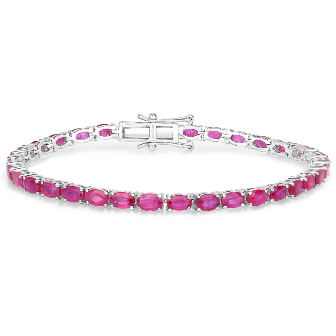 9.18 Ct Oval Pink Ruby Prong 10K Gold Inline Tennis Bracelet