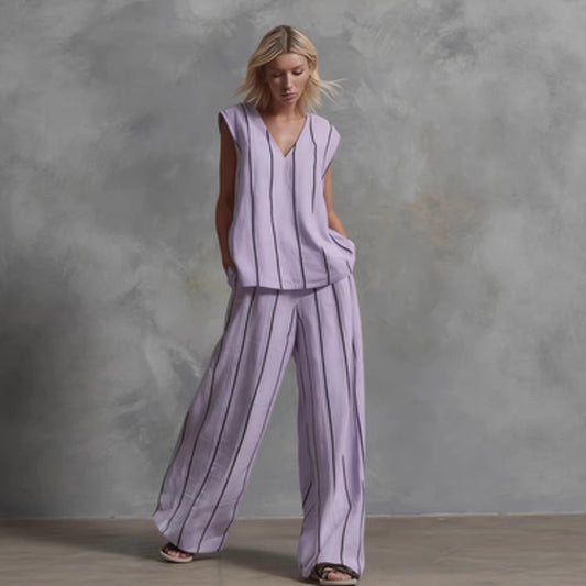 Women’s Sleeveless Striped Top and Full-Length Pants Set