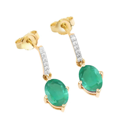 1.44 Ct Oval Green Zambian Emerald Diamond Prong 10K Gold Dangle Earrings