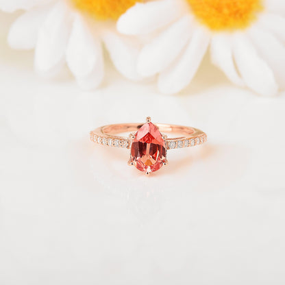 1.80 Ct Pear Lab Created Peach Sapphire and Moissanite Prong Silver Pave-set Ring