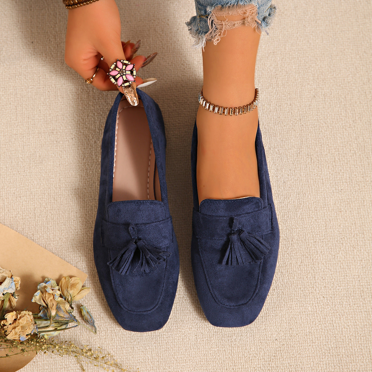 Women's Square Toe Tassel Slip-On Loafers | Suede Flat Casual