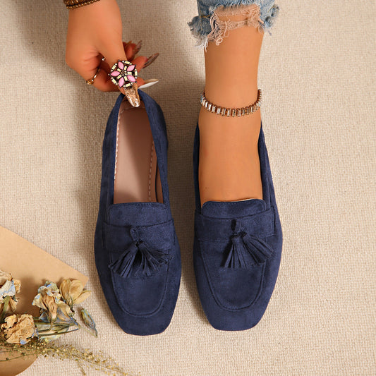 Women's Square Toe Slip-On Loafers – Tassel Suede Casual Flat Shoes