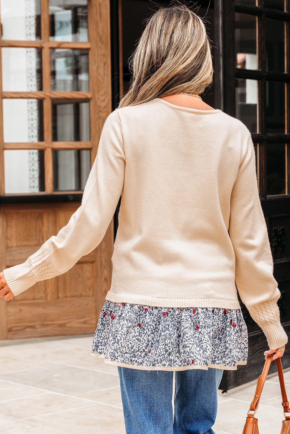 Threaded Pear Mary Cable Texture Bohemian Ruffle Hem Sweater