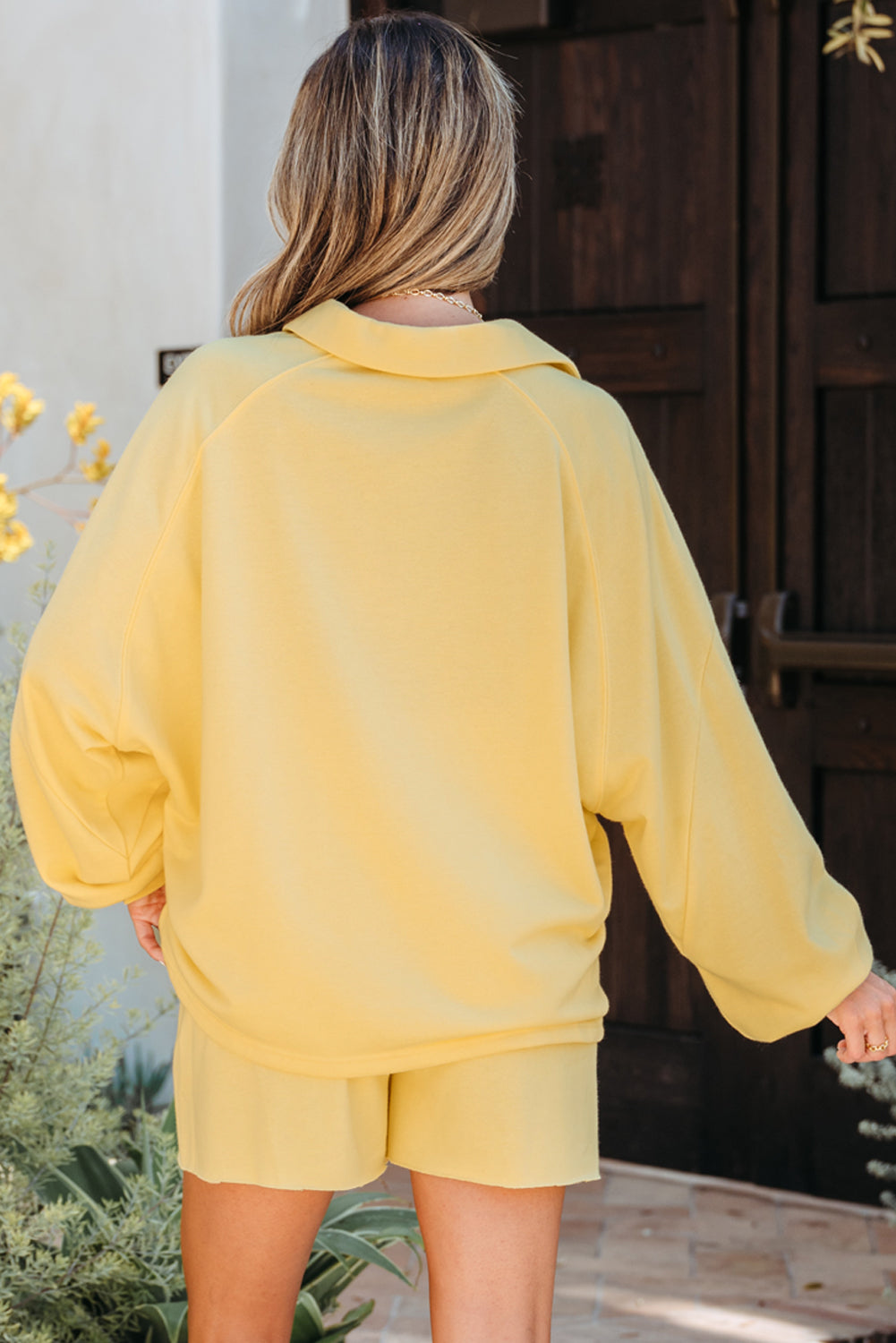 Threaded Pear Kylie Button Collar Drop Shoulder Pullover and Shorts 2pcs Outfit