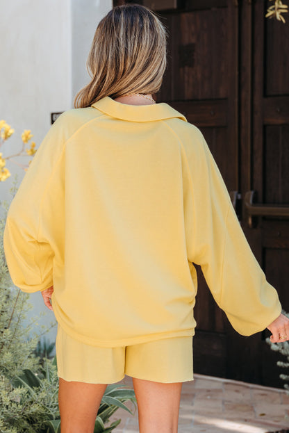 Threaded Pear Kylie Button Collar Drop Shoulder Pullover and Shorts 2pcs Outfit