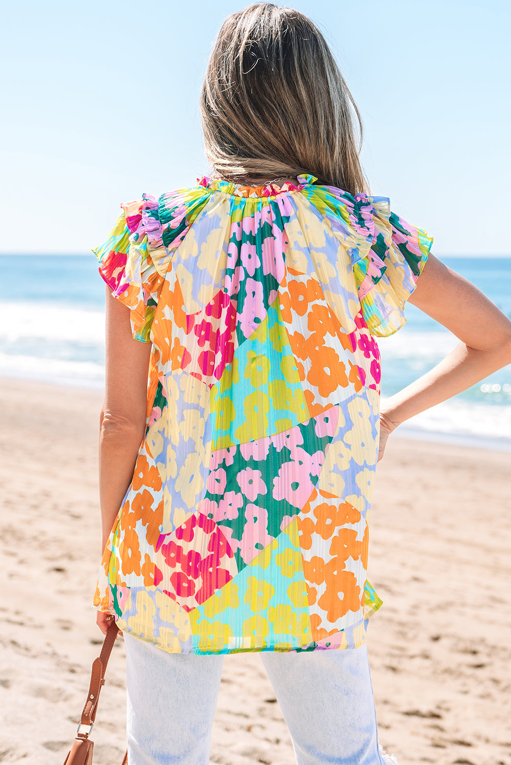 Threaded Pear Rosa Flutter Sleeve V Neck Crinkled Blouse
